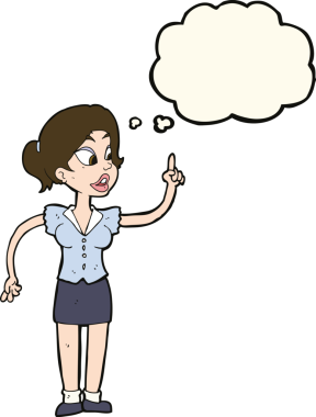 Bir insan tarafından çizilmiş düşünce baloncuğuyla harika bir fikri olan çizgi film kadını.