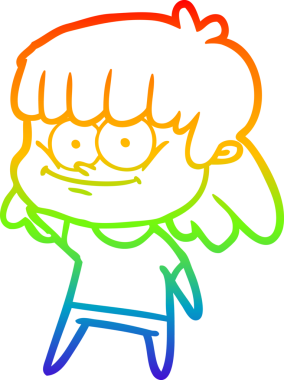 Gökkuşağı gradyan çizimi bir insan tarafından çizilmiş gülümseyen bir çizgi kız çizimi