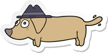 Bir insan tarafından çizilmiş şapka takan bir köpeğin çıkartması.