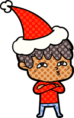 Bir insan tarafından çizilmiş Noel Baba şapkası giyen meraklı bir adamın el çizimi çizgi roman çizimi.