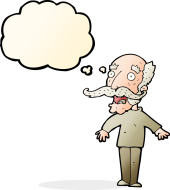 Bir insan tarafından çizilen düşünce baloncuğuyla şaşırmış yaşlı adam çizgi filmi.