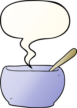 Bir insan tarafından çizilmiş, konuşma baloncuklu çizgi film çorba kasesi.