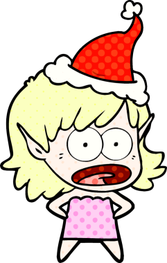 Bir insan tarafından çizilmiş Noel Baba şapkası giyen şok olmuş bir elf kızının el çizimi çizgi roman tasviri.