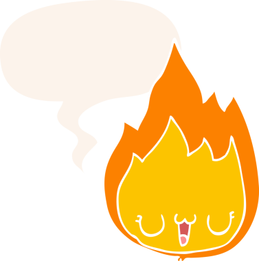 Yüzü konuşma baloncuğu olan çizgi film alevi bir insan tarafından çizilmiş.