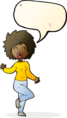 Bir insan tarafından çizilmiş konuşma balonuyla dans eden karikatür kadın.