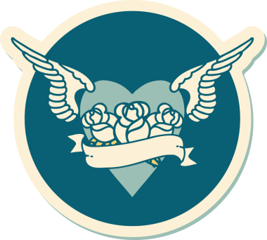 Geleneksel kalp stili dövme çıkartması. Kanatları, çiçekleri ve insan sancağıyla çizilmiş.