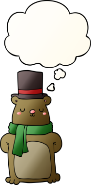 Bir insan tarafından çizilmiş yumuşak eğimli düşünce baloncuklu çizgi film ayısı.