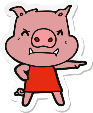 Bir insan tarafından çizilmiş, kızgın çizgi film domuzu etiketi.