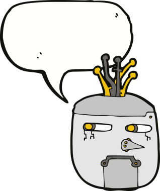 bir insan tarafından çizilmiş konuşma balonlu robot kafası.