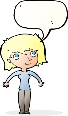 Bir insan tarafından çizilmiş bir konuşma balonuyla omuz silken karikatür kadın.