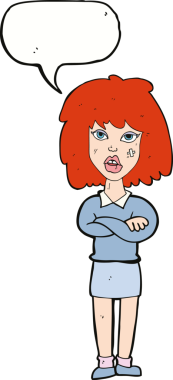 Bir insan tarafından çizilmiş konuşma balonuyla kollarını kavuşturmuş sert kadın çizgi filmi.