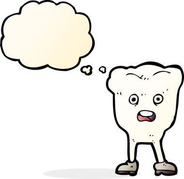 Bir insan tarafından çizilmiş düşünce baloncuğundan korkan çizgi film dişleri.