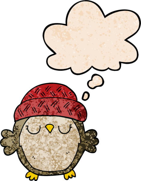 Bir insan tarafından çizilmiş grunge desenli düşünce baloncuğu olan şapkalı sevimli çizgi film baykuşu.