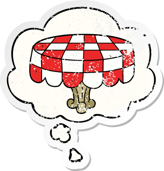 Düşünce baloncuklu karikatür masası bir insan tarafından çizilmiş yıpranmış bir çıkartma gibi.