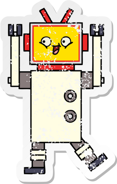 Bir insan tarafından çizilmiş sevimli bir robot çizgi film çıkartması.