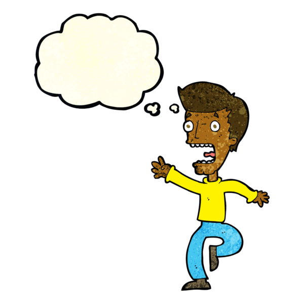 Bir insan tarafından çizilmiş düşünce baloncuğuyla dehşete düşmüş bir adam.