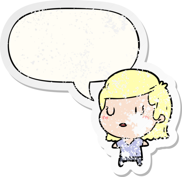 Konuşma baloncuğu olan karikatür kadın bir insan tarafından çizilmiş sıkıntılı eski bir çıkartma