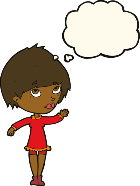 Bir insan tarafından çizilmiş düşünce baloncuğuyla el sallayan çizgi film kadını.