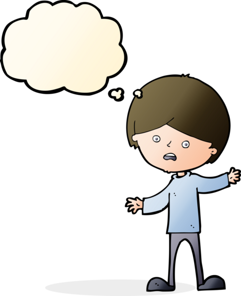 Bir insan tarafından çizilmiş düşünce baloncuğu olan mutsuz bir çocuk.