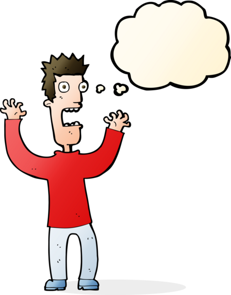 Bir insan tarafından çizilmiş düşünce baloncuğuyla dehşete düşmüş bir adam.