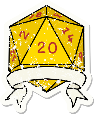 Bir insan tarafından çekilen 20 kritik vuruşluk D20 zar atımının grunge çıkartması.