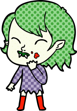 Bir insan tarafından çizilmiş yanağında kan olan vampir kız çizgi filmi.