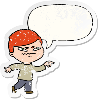 Karikatür kızgın adam konuşma balonunu işaret ediyor. Bir insan tarafından çizilmiş sıkıntılı eski bir çıkartma.