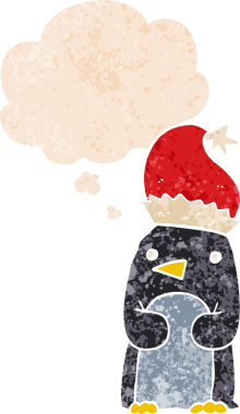 Hoş bir noel pengueni grunge 'da düşünce baloncuğu olan kederli eski moda bir insan tarafından çizilmiş.