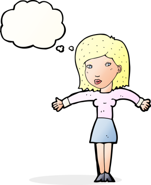 Bir insan tarafından çizilmiş düşünce baloncuğuyla omuz silken çizgi film kadını.