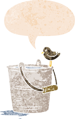 Bir insan tarafından çizilmiş, grunge içerisindeki konuşma baloncuklu karton su kovası.