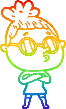 Gökkuşağı gradyan çizgi çizimi bir insan tarafından çizilmiş gözlük takan bir kadın.