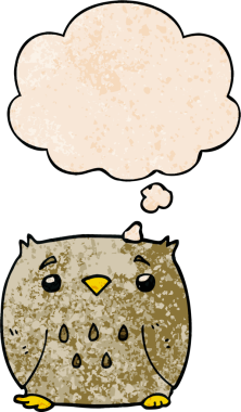 bir insan tarafından çizilmiş grunge doku biçiminde düşünce baloncuğu olan çizgi film baykuşu