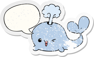 Konuşma baloncuğu olan karikatür balinası bir insan tarafından çizilmiş sıkıntılı eski bir çıkartma