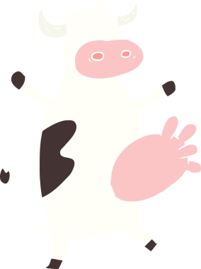 Düz renkli çizgi film karakteri bir insan tarafından çizilmiş sallanan bir inek.