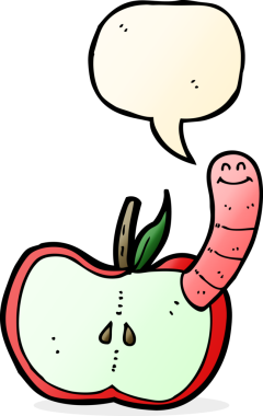 bir insan tarafından çizilmiş konuşma baloncuklu kurtlu çizgi film elması