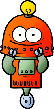 Bir insan tarafından çizilmiş ampullü mutlu karton robot.