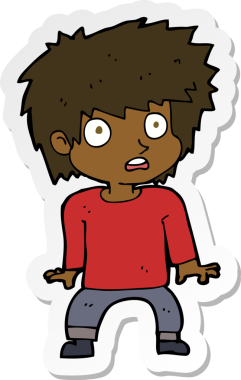 Çizgi film çıkartması. Bir insan tarafından çizilmiş korkmuş çocuk.