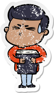 Bir insan tarafından çizilmiş terleyen bir çizgi film karakterinin sıkıntılı çıkartması.