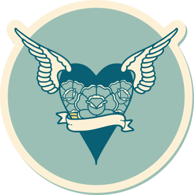 Geleneksel bir dövme stili. Uçan kalp. Çiçekler ve bir insan tarafından çizilmiş bayrak.