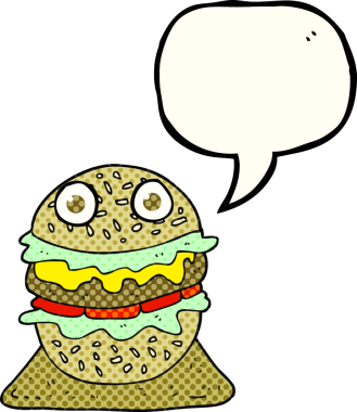 El yazısıyla çizilmiş çizgi roman konuşma balonu çizgi film lezzetli burger bir insan tarafından çizildi.