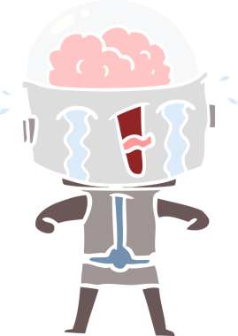 Bir insan tarafından çizilmiş düz renkli karikatür ağlayan robot.