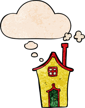 Bir insan tarafından çizilmiş grunge desenli düşünce baloncuklu çizgi film evi.