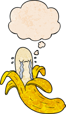 çizgi film ağlayan muz ve bir insan tarafından çizilmiş grunge doku ile düşünce baloncuğu