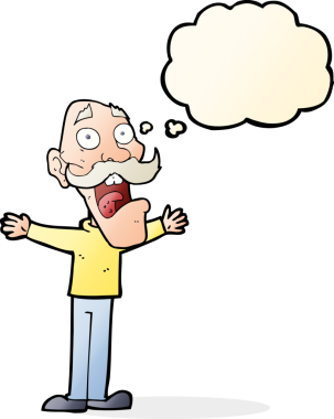 Çizgi film, bir insan tarafından çizilmiş düşünce balonlu yaşlı adamı strese sokuyor.