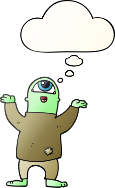 Bir insan tarafından çizilmiş yumuşak eğimli düşünce baloncuklu cadılar bayramı canavarı.