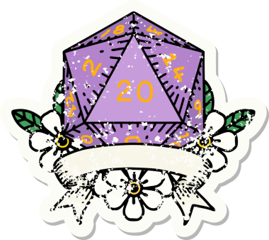 Bir insan tarafından çekilen 20 kritik vuruşluk D20 zar atımının grunge çıkartması.