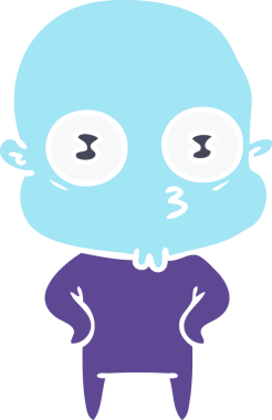 Düz renkli çizgi film. Bir insan tarafından çizilmiş kel bir uzaylı.