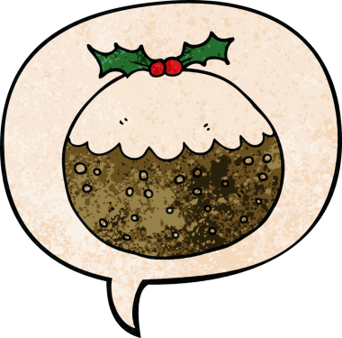 Karikatür noel pudingi, konuşma baloncuğu ile retro doku şeklinde bir insan tarafından çizilmiş.