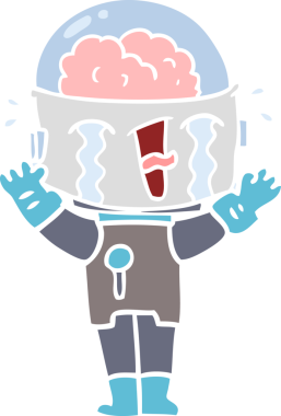 Bir insan tarafından çizilmiş düz renkli karikatür ağlayan robot.