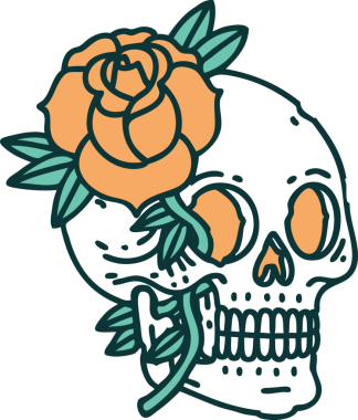 Bir insan tarafından çizilmiş bir kafatası ve gülün ikonik dövme şekli